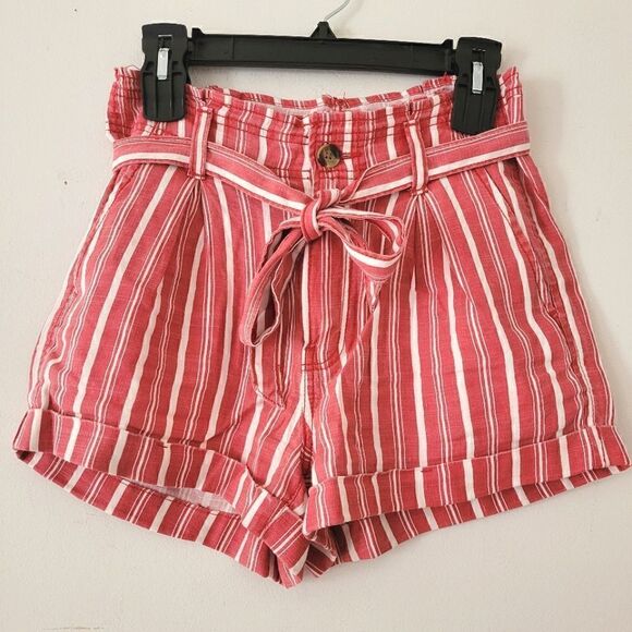 American Eagle Red/White Striped Paper Bag Style Shorts Cuffed 2 - Picture 1 of 10